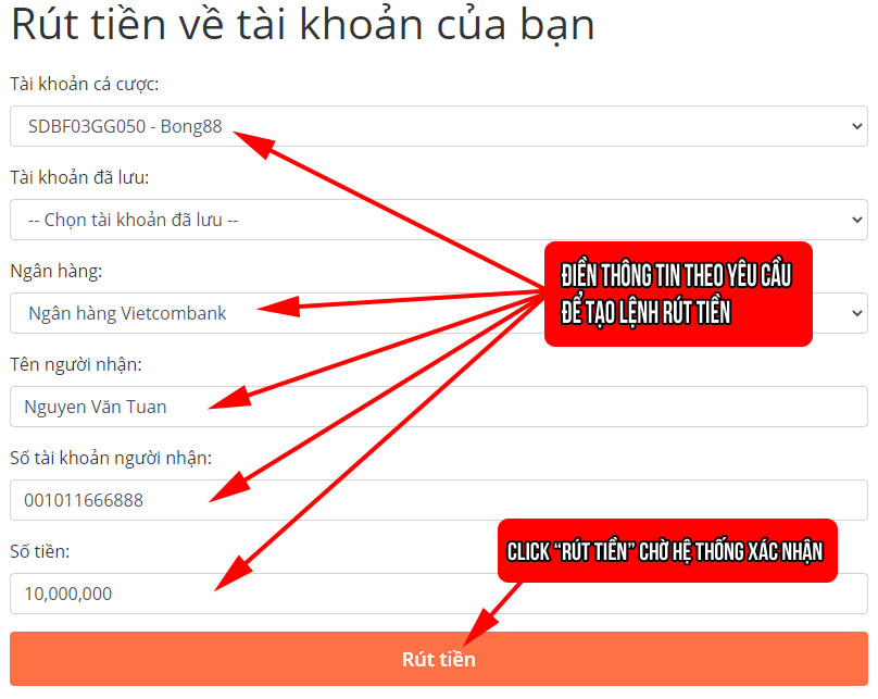 Cách rút tiền tài khoản Bong88