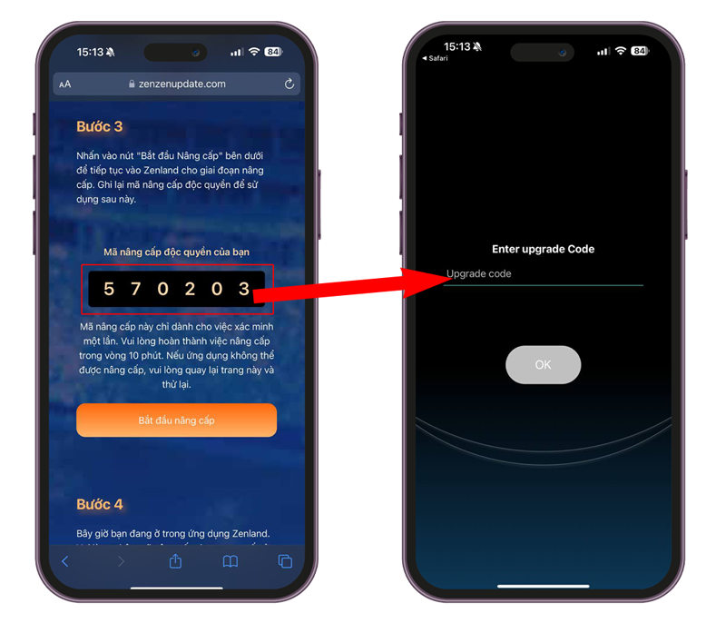 Điền mã nâng cấp vào ứng dụng Zenland